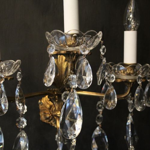 FRENCH PAIR OF GILDED BRONZE CRYSTAL TRIPLE ARM WALL LIGHTS - ADDITIONAL PHOTO 3