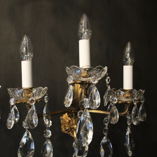 FRENCH PAIR OF GILDED BRONZE CRYSTAL TRIPLE ARM WALL LIGHTS - ADDITIONAL PHOTO 4