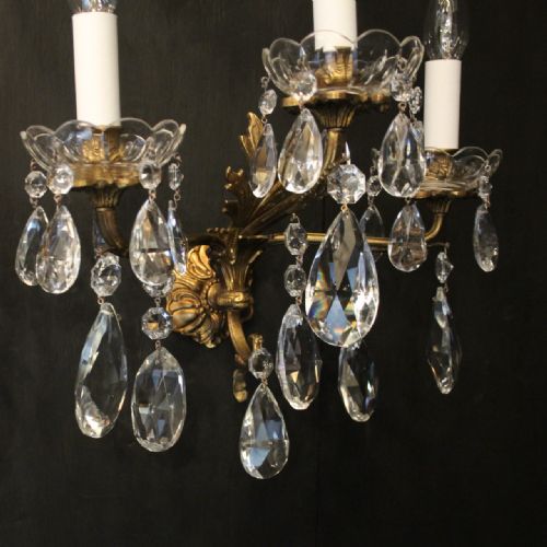 FRENCH PAIR OF GILDED BRONZE CRYSTAL TRIPLE ARM WALL LIGHTS - ADDITIONAL PHOTO 5
