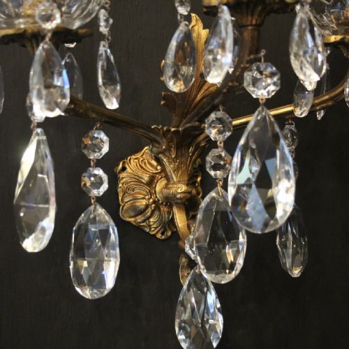 FRENCH PAIR OF GILDED BRONZE CRYSTAL TRIPLE ARM WALL LIGHTS - ADDITIONAL PHOTO 6