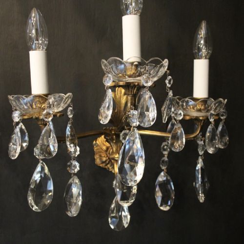 FRENCH PAIR OF GILDED BRONZE CRYSTAL TRIPLE ARM WALL LIGHTS - ADDITIONAL PHOTO 7