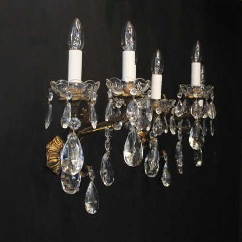 FRENCH PAIR OF GILDED BRONZE CRYSTAL TRIPLE ARM WALL LIGHTS - ADDITIONAL PHOTO 9