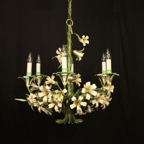 french floral toleware 6 light antique chandelier - CATEGORY: ANTIQUE LIGHTING - DATED 1930
