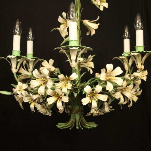 FRENCH FLORAL TOLEWARE 6 LIGHT ANTIQUE CHANDELIER - ADDITIONAL PHOTO 1