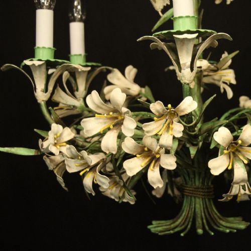 FRENCH FLORAL TOLEWARE 6 LIGHT ANTIQUE CHANDELIER - ADDITIONAL PHOTO 2
