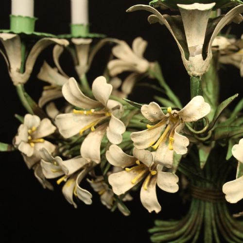 FRENCH FLORAL TOLEWARE 6 LIGHT ANTIQUE CHANDELIER - ADDITIONAL PHOTO 5
