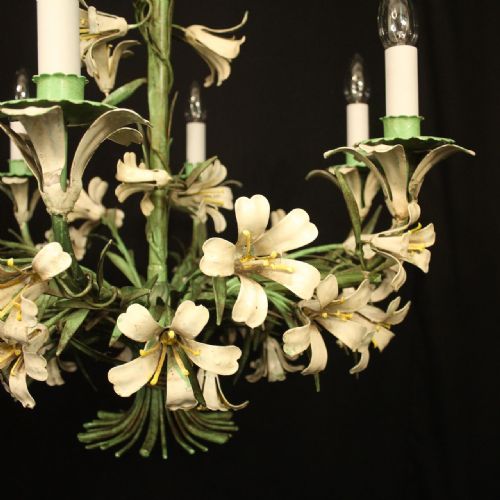 FRENCH FLORAL TOLEWARE 6 LIGHT ANTIQUE CHANDELIER - ADDITIONAL PHOTO 6