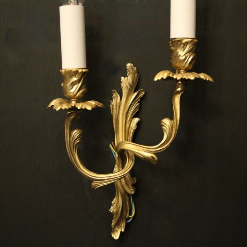 FRENCH PAIR OF GILDED TWIN ARM ANTIQUE WALL LIGHTS - ADDITIONAL PHOTO 2