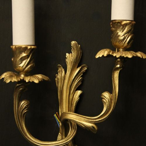 FRENCH PAIR OF GILDED TWIN ARM ANTIQUE WALL LIGHTS - ADDITIONAL PHOTO 3