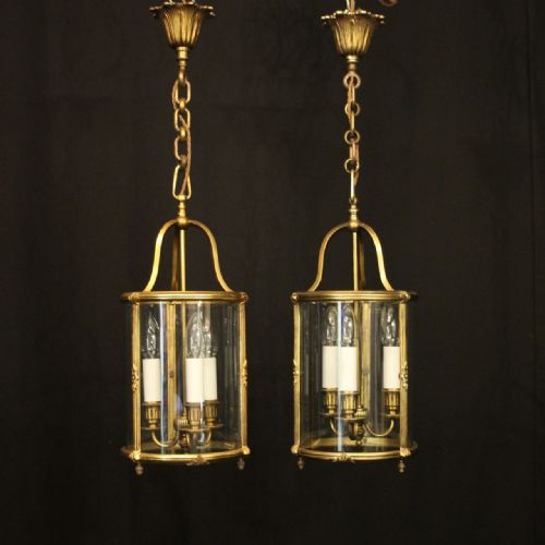 french pair of gilded bronze triple light antique hall lanterns - CATEGORY: ANTIQUE LIGHTING - DATED 1920