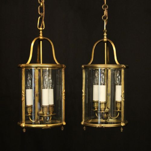 FRENCH PAIR OF GILDED BRONZE TRIPLE LIGHT ANTIQUE HALL LANTERNS - ADDITIONAL PHOTO 1