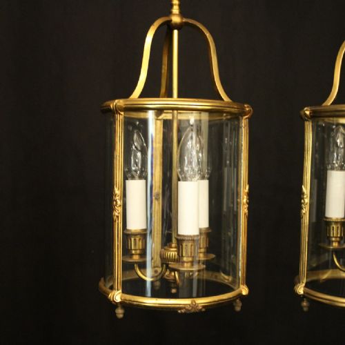 FRENCH PAIR OF GILDED BRONZE TRIPLE LIGHT ANTIQUE HALL LANTERNS - ADDITIONAL PHOTO 2