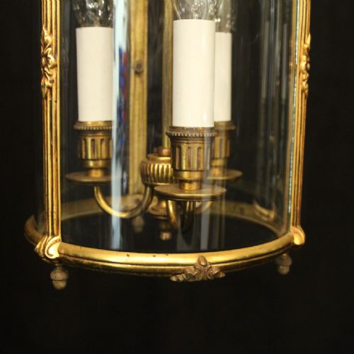 FRENCH PAIR OF GILDED BRONZE TRIPLE LIGHT ANTIQUE HALL LANTERNS - ADDITIONAL PHOTO 4