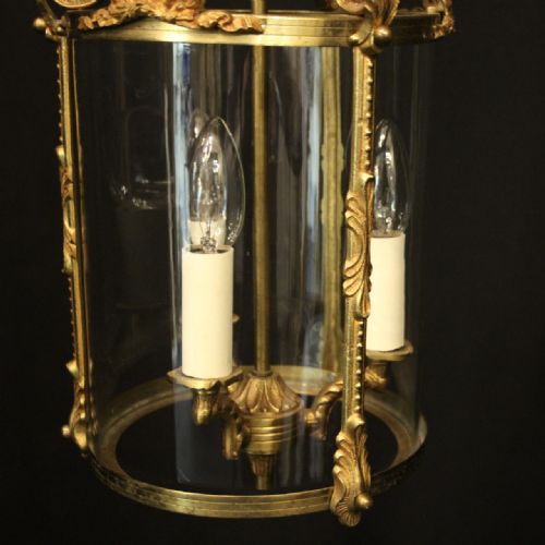 FRENCH GILDED BRASS TRIPLE LIGHT HALL LANTERN - ADDITIONAL PHOTO 3