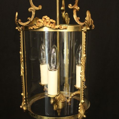 FRENCH GILDED BRASS TRIPLE LIGHT HALL LANTERN - ADDITIONAL PHOTO 4