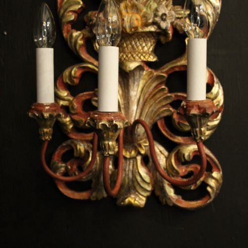ITALIAN SINGLE POLYCHROME GILDED ANTIQUE WALL LIGHT - ADDITIONAL PHOTO 6
