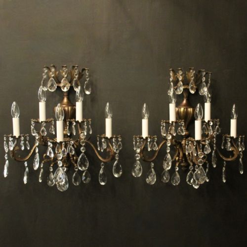 french pair of brass cut glass five arm antique wall lights - CATEGORY: ANTIQUE LIGHTING - DATED 1920