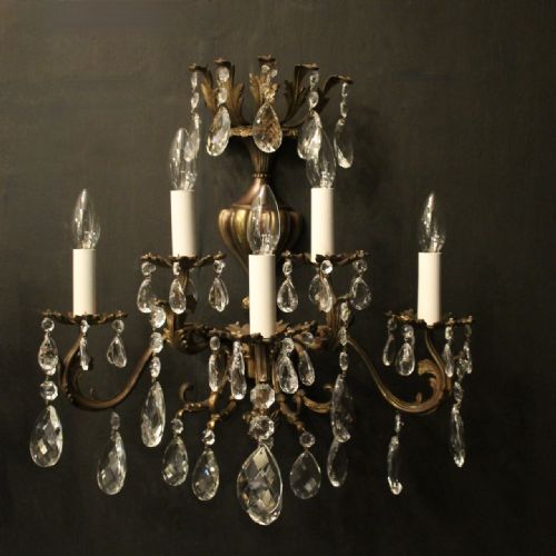 FRENCH PAIR OF BRASS CUT GLASS FIVE ARM ANTIQUE WALL LIGHTS - ADDITIONAL PHOTO 1