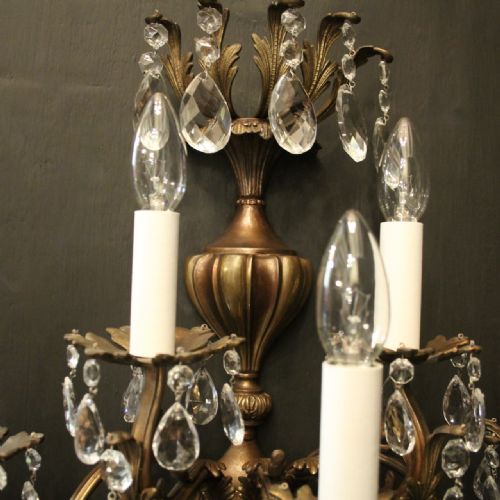FRENCH PAIR OF BRASS CUT GLASS FIVE ARM ANTIQUE WALL LIGHTS - ADDITIONAL PHOTO 2