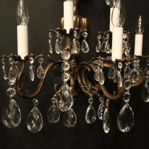 FRENCH PAIR OF BRASS CUT GLASS FIVE ARM ANTIQUE WALL LIGHTS - ADDITIONAL PHOTO 5