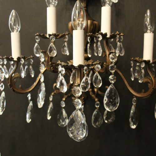 FRENCH PAIR OF BRASS CUT GLASS FIVE ARM ANTIQUE WALL LIGHTS - ADDITIONAL PHOTO 6