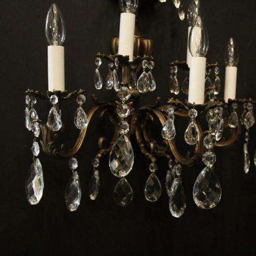 FRENCH PAIR OF BRASS CUT GLASS FIVE ARM ANTIQUE WALL LIGHTS - ADDITIONAL PHOTO 7