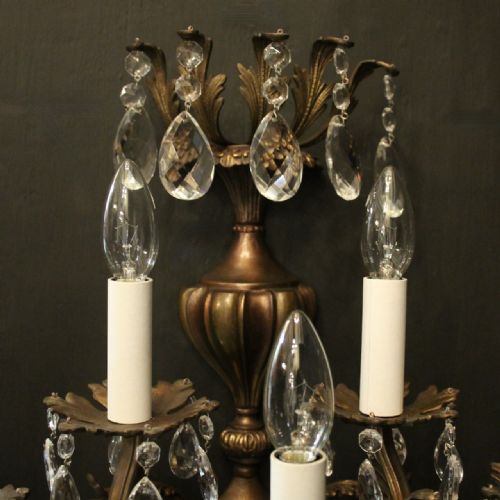 FRENCH PAIR OF BRASS CUT GLASS FIVE ARM ANTIQUE WALL LIGHTS - ADDITIONAL PHOTO 8