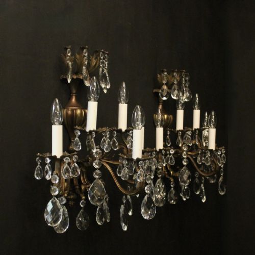 FRENCH PAIR OF BRASS CUT GLASS FIVE ARM ANTIQUE WALL LIGHTS - ADDITIONAL PHOTO 9