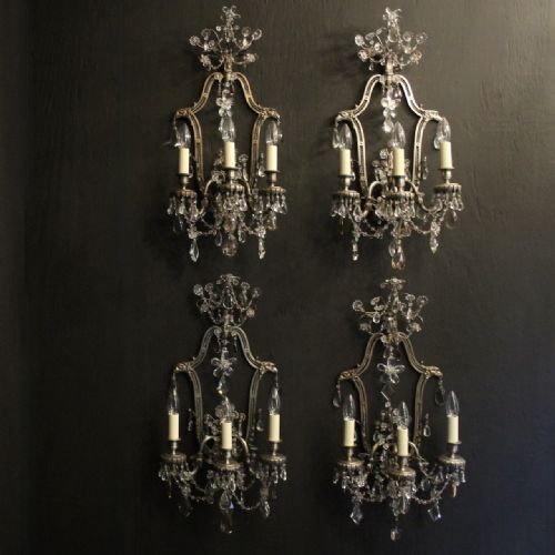 french set of 4 silver gilded bronze crystal antique wall lights - CATEGORY: ANTIQUE LIGHTING - DATED 1920
