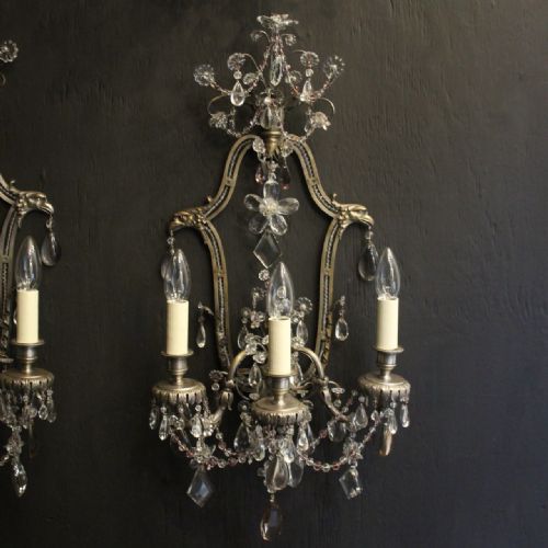 FRENCH SET OF 4 SILVER GILDED BRONZE CRYSTAL ANTIQUE WALL LIGHTS - ADDITIONAL PHOTO 1