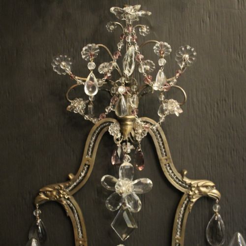 FRENCH SET OF 4 SILVER GILDED BRONZE CRYSTAL ANTIQUE WALL LIGHTS - ADDITIONAL PHOTO 3
