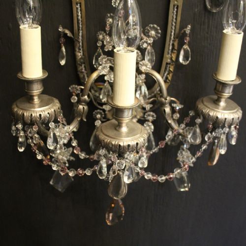 FRENCH SET OF 4 SILVER GILDED BRONZE CRYSTAL ANTIQUE WALL LIGHTS - ADDITIONAL PHOTO 5