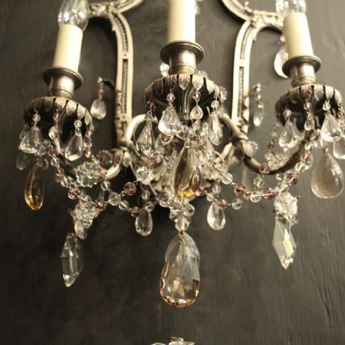 FRENCH SET OF 4 SILVER GILDED BRONZE CRYSTAL ANTIQUE WALL LIGHTS - ADDITIONAL PHOTO 7