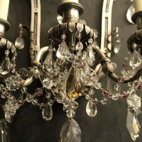 FRENCH SET OF 4 SILVER GILDED BRONZE CRYSTAL ANTIQUE WALL LIGHTS - ADDITIONAL PHOTO 8