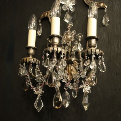 FRENCH SET OF 4 SILVER GILDED BRONZE CRYSTAL ANTIQUE WALL LIGHTS - ADDITIONAL PHOTO 9