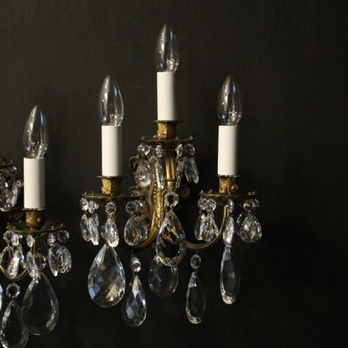 FRENCH PAIR OF BRONZE TRIPLE ARM ANTIQUE WALL LIGHTS - ADDITIONAL PHOTO 1
