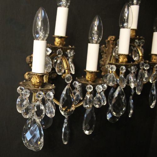 FRENCH PAIR OF BRONZE TRIPLE ARM ANTIQUE WALL LIGHTS - ADDITIONAL PHOTO 4