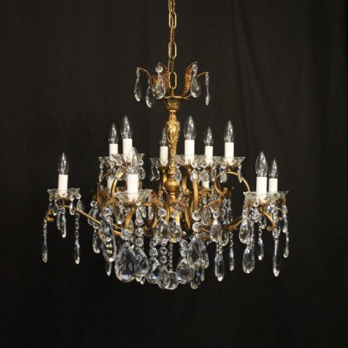 italian 12 light gilded brass cut glass antique chandelier - CATEGORY: ANTIQUE LIGHTING - DATED 1920