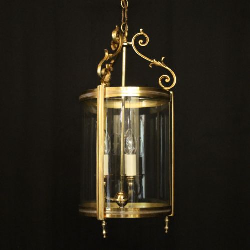 french gilded bronze triple light antique convex hall lantern - CATEGORY: ANTIQUE LIGHTING - DATED 1920