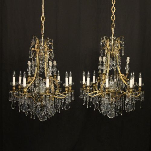 french pair of gilded bronze crystal 9 light antique chandeliers - CATEGORY: ANTIQUE LIGHTING - DATED 1910