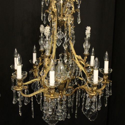 FRENCH PAIR OF GILDED BRONZE CRYSTAL 9 LIGHT ANTIQUE CHANDELIERS - ADDITIONAL PHOTO 1