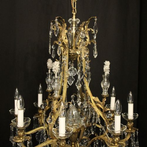 FRENCH PAIR OF GILDED BRONZE CRYSTAL 9 LIGHT ANTIQUE CHANDELIERS - ADDITIONAL PHOTO 2