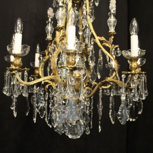 FRENCH PAIR OF GILDED BRONZE CRYSTAL 9 LIGHT ANTIQUE CHANDELIERS - ADDITIONAL PHOTO 3
