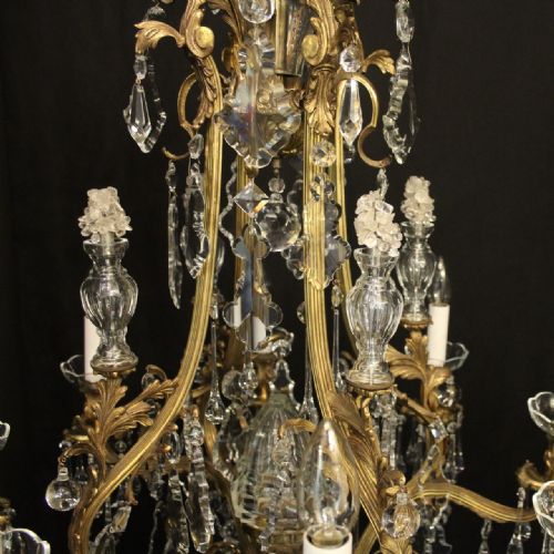 FRENCH PAIR OF GILDED BRONZE CRYSTAL 9 LIGHT ANTIQUE CHANDELIERS - ADDITIONAL PHOTO 4