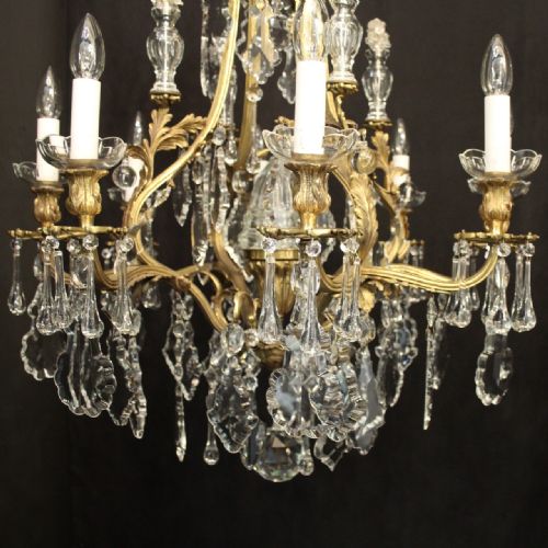 FRENCH PAIR OF GILDED BRONZE CRYSTAL 9 LIGHT ANTIQUE CHANDELIERS - ADDITIONAL PHOTO 6