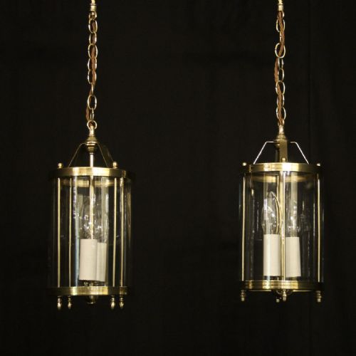 french pair of brass twin light convex hall lanterns - CATEGORY: ANTIQUE LIGHTING - DATED 1930