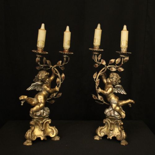 french gilded cherub twin light candle table sconces - CATEGORY: ANTIQUE LIGHTING - DATED 1930