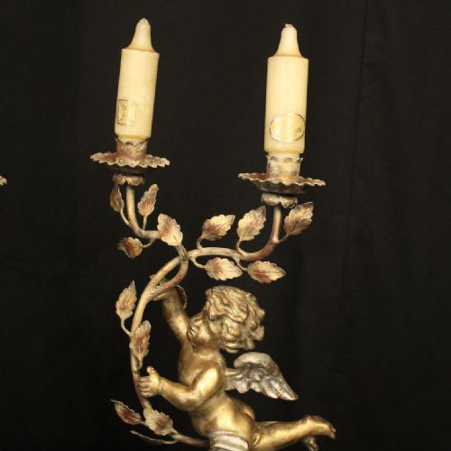 FRENCH GILDED CHERUB TWIN LIGHT CANDLE TABLE SCONCES - ADDITIONAL PHOTO 1