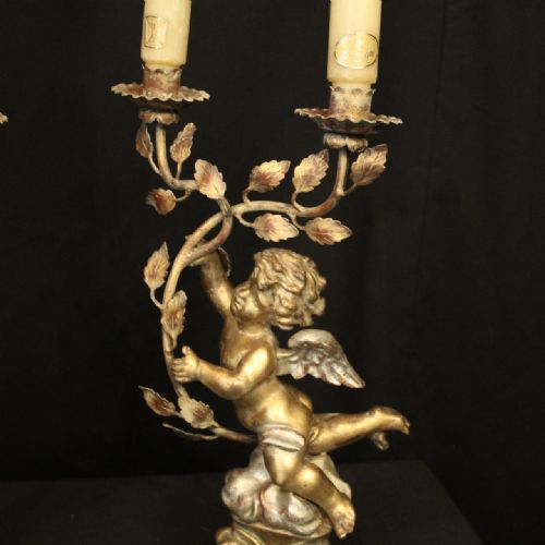 FRENCH GILDED CHERUB TWIN LIGHT CANDLE TABLE SCONCES - ADDITIONAL PHOTO 2