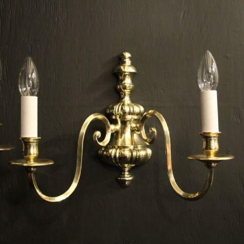 ENGLISH PAIR OF BRASS TWIN ARM ANTIQUE WALL LIGHTS - ADDITIONAL PHOTO 1
